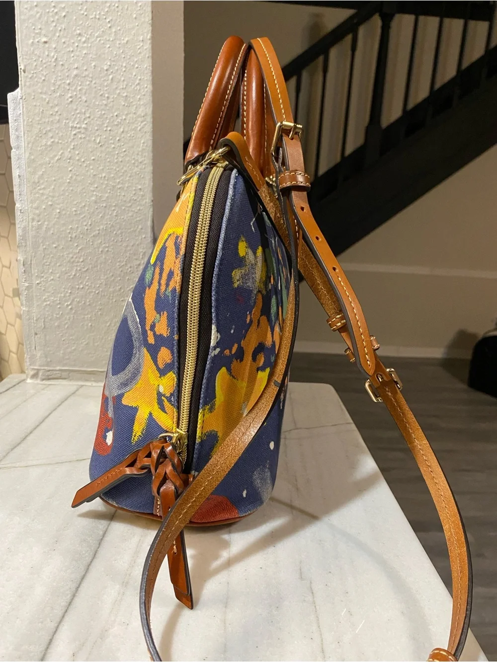 Dooney & Bourke Navy Graffiti Floral Canvas Dome Satchel with Brown Trim